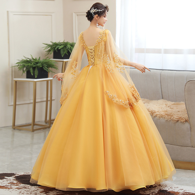 Embroidery Gold - Nowa Złota Sukienka z Haftem, Długa,